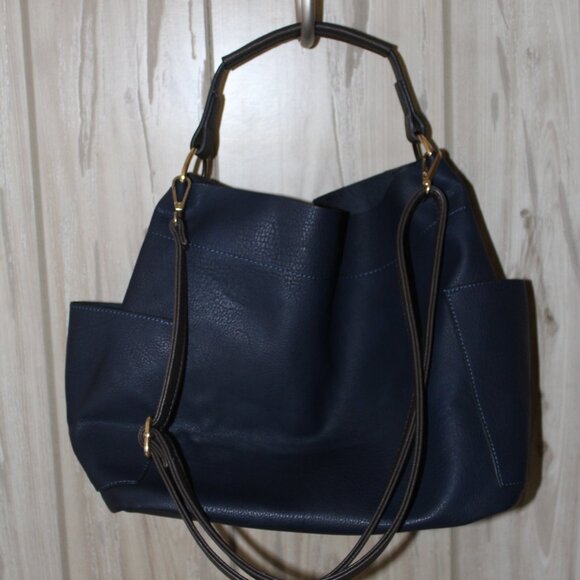 Women Dark Blue Bucket Bag 2 Straps Over Shoulder + Briefcase Handle Style - Picture 2 of 15